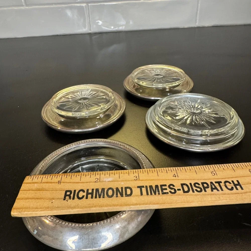 Frank M Whiting Coasters Set of 4 Silver Beaded Rim Starburst Glass Vintage 4in